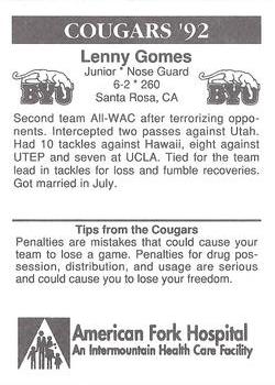 1992 BYU Cougars Safety #NNO Lenny Gomes Back