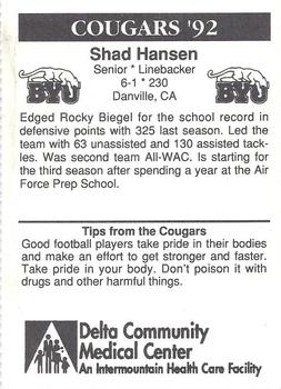 1992 BYU Cougars Safety #NNO Shad Hansen Back