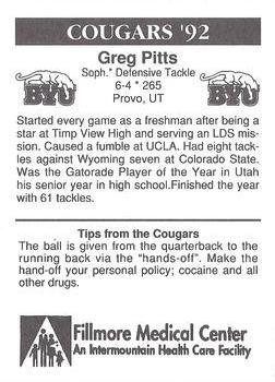 1992 BYU Cougars Safety #NNO Greg Pitts Back
