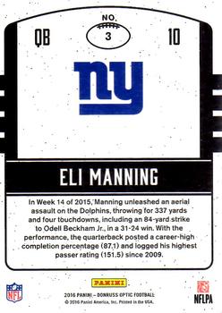 2016 Donruss Optic - Legends of the Fall #3 Eli Manning Back