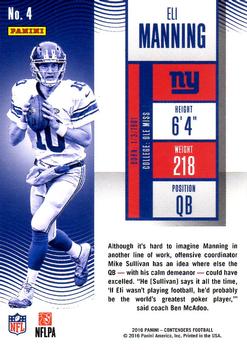 2016 Panini Contenders - Playoff Ticket #4 Eli Manning Back