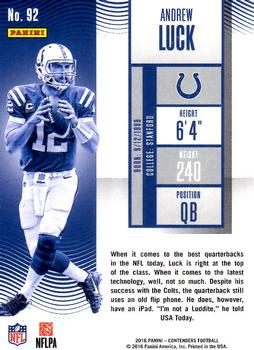2016 Panini Contenders - Championship Ticket #92 Andrew Luck Back