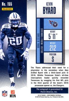 2016 Panini Contenders - Championship Ticket #155 Kevin Byard Back