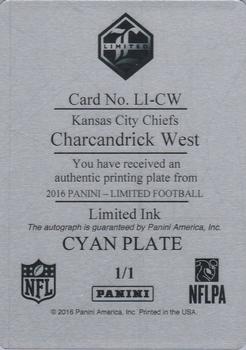 2016 Panini Limited - Limited Ink Printing Plates Cyan #LI-CW Charcandrick West Back