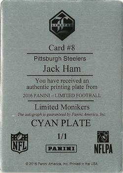 2016 Panini Limited - Limited Monikers Printing Plates Cyan #8 Jack Ham Back