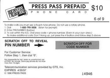 1996 Press Pass - Phone Cards $10 #6 Terry Glenn Back