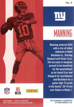 2016 Panini Plates & Patches - Signal Callers Autographs Green #5 Eli Manning Back