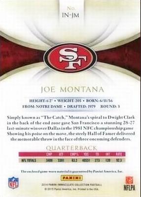 2016 Panini Honors - Recollection Collection #IN-JM Joe Montana Back