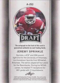 2017 Leaf Draft - Autographs Gold #A-JS2 Jeremy Sprinkle Back