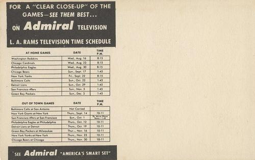 1950 Admiral TV Los Angeles Rams #10 Red Hickey Back