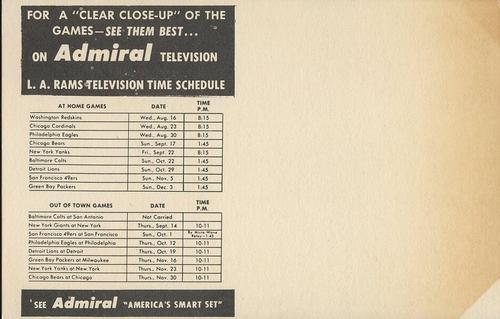 1950 Admiral TV Los Angeles Rams #11 Ralph Pasquariello Back