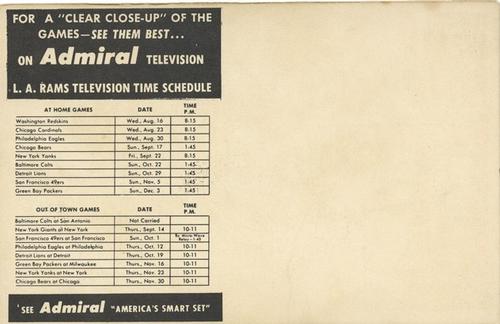 1950 Admiral TV Los Angeles Rams #14 Norm Van Brocklin Back