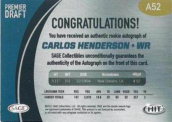 2017 SAGE HIT - Autographs #A52 Carlos Henderson Back