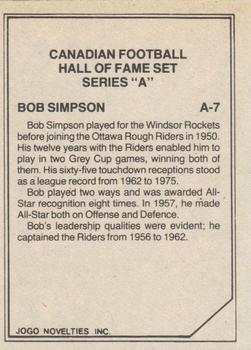 1983 JOGO CFL Hall of Fame Series A #A-7 Bob Simpson Back