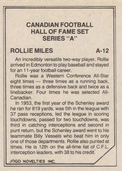 1983 JOGO CFL Hall of Fame Series A #A-12 Rollie Miles Back