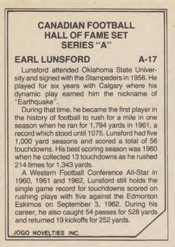 1983 JOGO CFL Hall of Fame Series A #A-17 Earl Lunsford Back