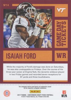 2017 Panini Contenders Draft Picks - Game Day Tickets #14 Isaiah Ford Back