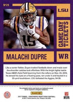 2017 Panini Contenders Draft Picks - Game Day Tickets #29 Malachi Dupre Back