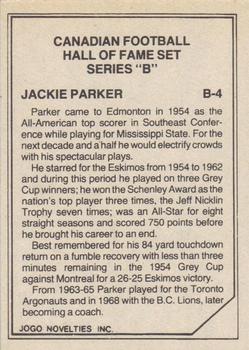 1983 JOGO CFL Hall of Fame Series B #B4 Jackie Parker Back