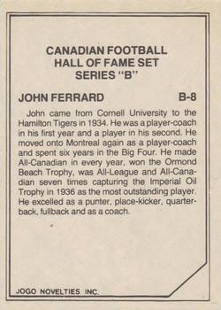 1983 JOGO CFL Hall of Fame Series B #B8 Johnny Ferraro Back