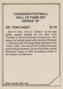 1983 JOGO CFL Hall of Fame Series B #B19 Dr. Tom Casey Back