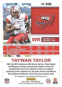 2017 Score - Rookie Autographs #406 Taywan Taylor Back