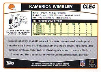 2006 Topps Cleveland Browns #CLE4 Kamerion Wimbley Back