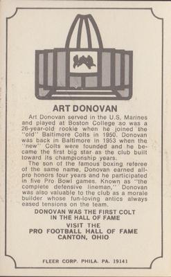 1974 Fleer Football Patches - Immortal Roll #NNO Art Donovan Back
