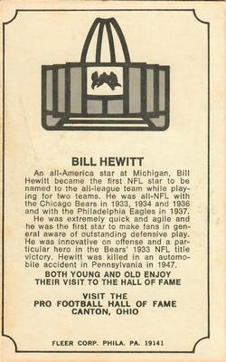 1974 Fleer Football Patches - Immortal Roll #NNO Bill Hewitt Back