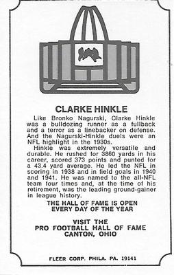 1974 Fleer Football Patches - Immortal Roll #NNO Clarke Hinkle Back