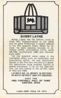 1974 Fleer Football Patches - Immortal Roll #NNO Bobby Layne Back