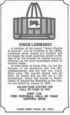 1974 Fleer Football Patches - Immortal Roll #NNO Vince Lombardi Back