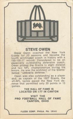1974 Fleer Football Patches - Immortal Roll #NNO Steve Owen Back