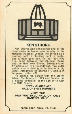 1974 Fleer Football Patches - Immortal Roll #NNO Ken Strong Back