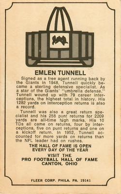 1974 Fleer Football Patches - Immortal Roll #NNO Emlen Tunnell Back