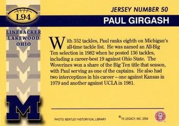 2002 TK Legacy Michigan Wolverines #L94 Paul Girgash Back