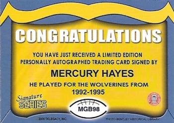 2002 TK Legacy Michigan Wolverines - Go Blue Autographs #MGB98 Mercury Hayes Back