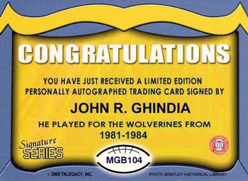 2002 TK Legacy Michigan Wolverines - Go Blue Autographs #MGB104 John R. Ghindia Back