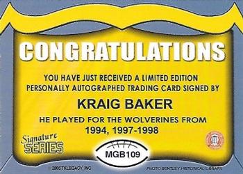 2002 TK Legacy Michigan Wolverines - Go Blue Autographs #MGB109 Kraig Baker Back