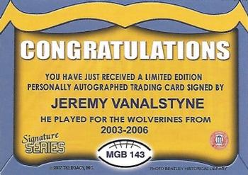 2002 TK Legacy Michigan Wolverines - Go Blue Autographs #MGB143 Jeremy Van Alstyne Back