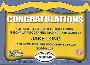 2002 TK Legacy Michigan Wolverines - Go Blue Autographs #MGB149 Jake Long Back