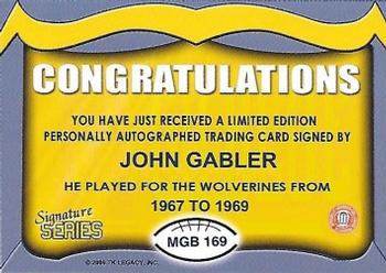 2002 TK Legacy Michigan Wolverines - Go Blue Autographs #MGB169 John Gabler Back