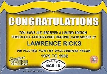 2002 TK Legacy Michigan Wolverines - Go Blue Autographs #MGB181 Lawrence Ricks Back