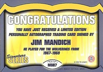 2002 TK Legacy Michigan Wolverines - Go Blue Autographs #MGB7 Jim Mandich Back