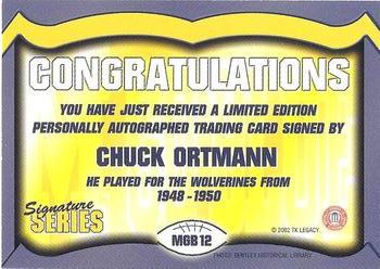 2002 TK Legacy Michigan Wolverines - Go Blue Autographs #MGB12 Chuck Ortmann Back
