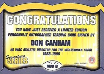 2002 TK Legacy Michigan Wolverines - Go Blue Autographs #MGB18 Don Canham Back