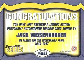 2002 TK Legacy Michigan Wolverines - Go Blue Autographs #MGB22 Jack Weisenburger Back
