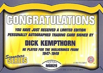 2002 TK Legacy Michigan Wolverines - Go Blue Autographs #MGB29 Dick Kempthorn Back