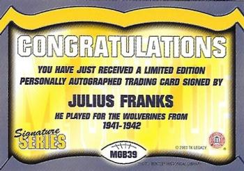 2002 TK Legacy Michigan Wolverines - Go Blue Autographs #MGB39 Julius Franks Back
