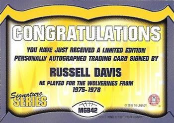 2002 TK Legacy Michigan Wolverines - Go Blue Autographs #MGB42 Russell Davis Back